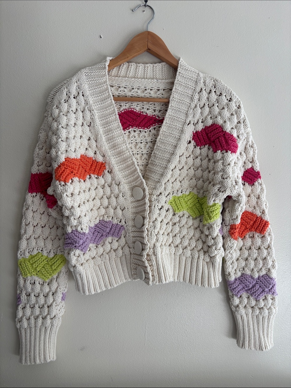 Cream Knitted Button-Front Cardigan Sweater with Colorful Accents